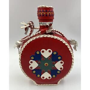 Vintage Leather Braid Wrapped Covered Bottle/Decanter Hearts Red Folk Art